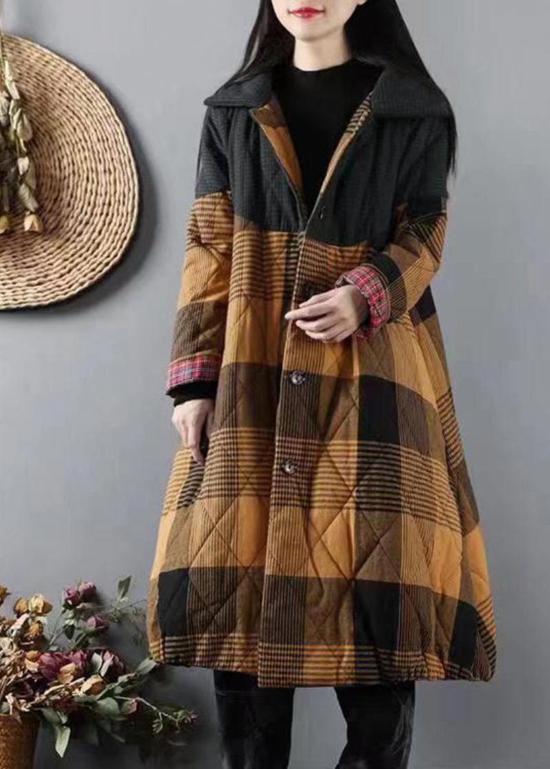 Italienische Gelbe Taschen Karierter Patchwork Mäntel Mit Füllung Aus Feiner Baumwolle Winter - Damen-Daunenjacken