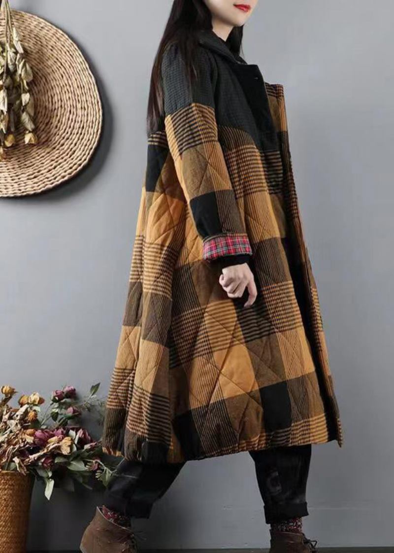 Italienische Gelbe Taschen Karierter Patchwork Mäntel Mit Füllung Aus Feiner Baumwolle Winter - Damen-Daunenjacken