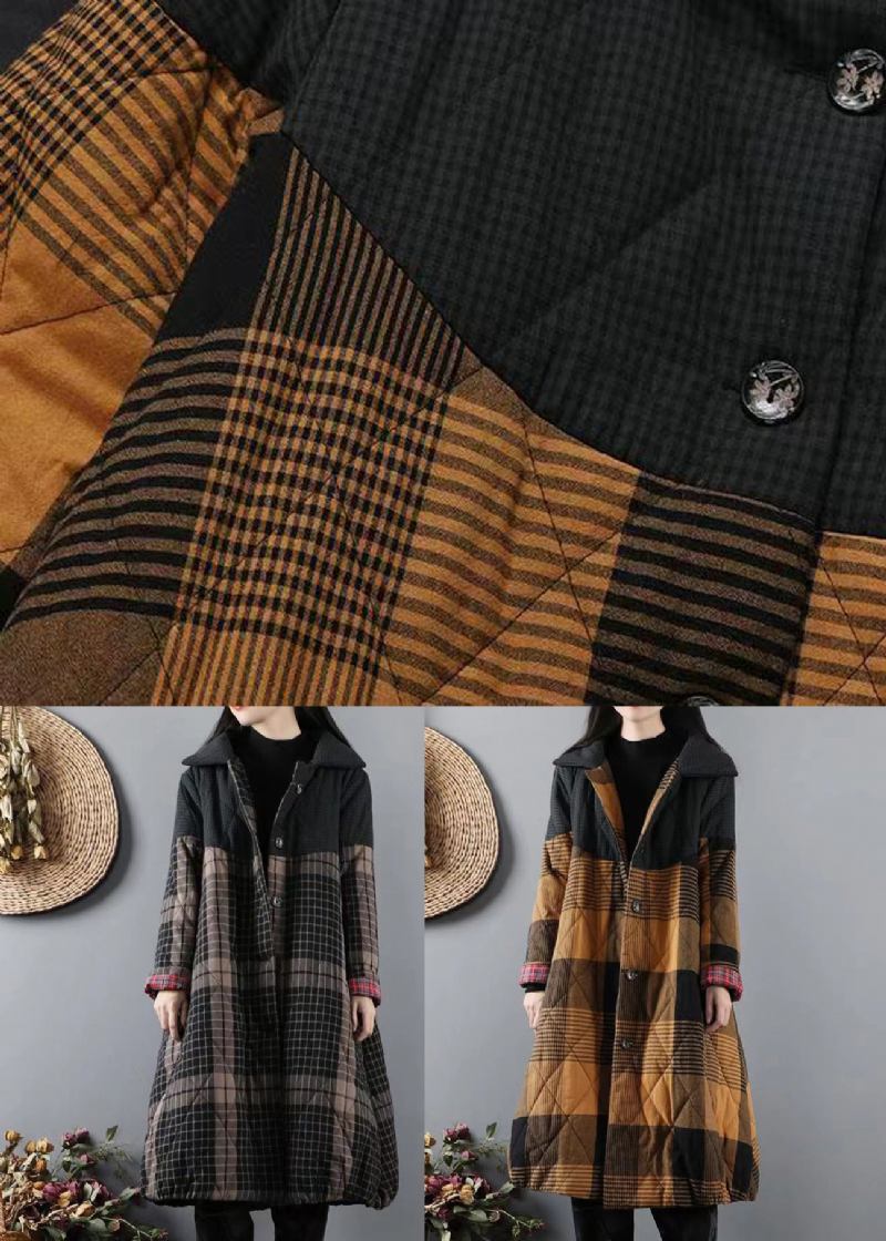 Italienische Gelbe Taschen Karierter Patchwork Mäntel Mit Füllung Aus Feiner Baumwolle Winter - Damen-Daunenjacken