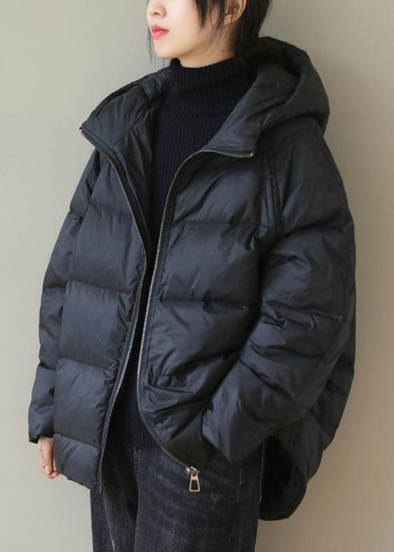 Italienische Schwarze Parka-jacke Mit Kapuze Und Reißverschluss Feiner Baumwollfüllung Für Den Winter