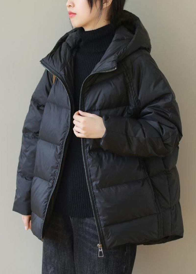 Italienische Schwarze Parka-jacke Mit Kapuze Und Reißverschluss Feiner Baumwollfüllung Für Den Winter - Damen-Daunenjacken