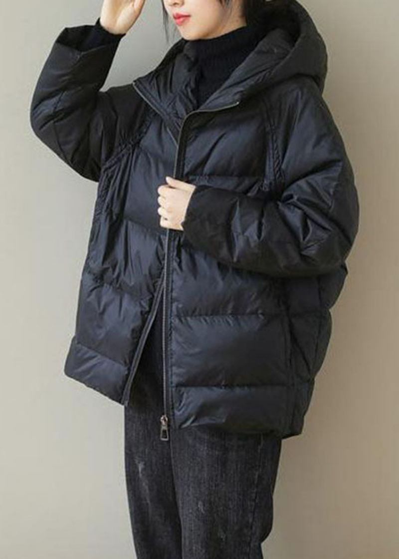 Italienische Schwarze Parka-jacke Mit Kapuze Und Reißverschluss Feiner Baumwollfüllung Für Den Winter - Damen-Daunenjacken