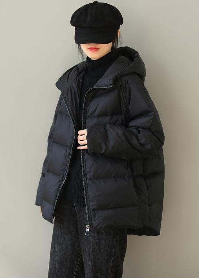 Italienische Schwarze Parka-jacke Mit Kapuze Und Reißverschluss Feiner Baumwollfüllung Für Den Winter - Damen-Daunenjacken