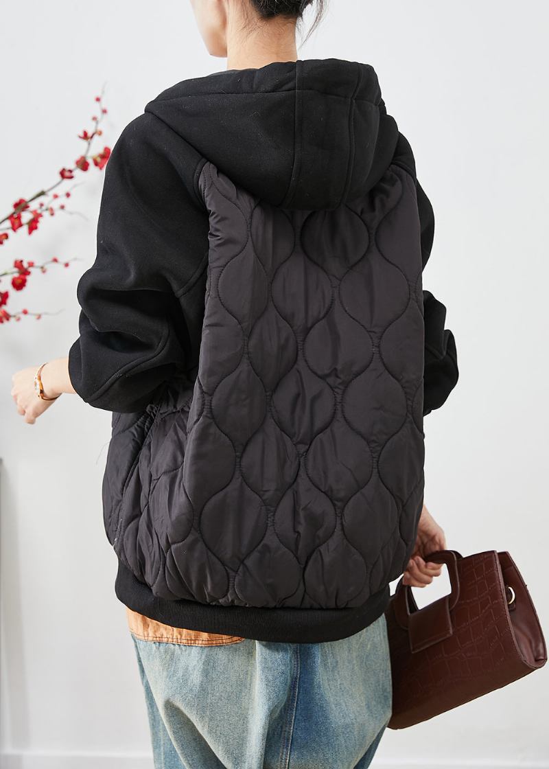 Italienische Schwarze Patchwork-pufferjacke Mit Feiner Baumwollfüllung Und Kapuze Für Den Winter - Damen-Daunenjacken