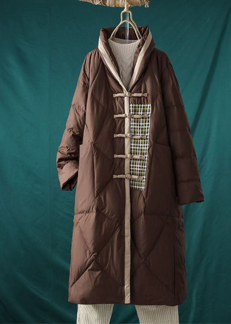 Italienische Übergroße Steppjacke Mit Patchwork-entendaunen In Schokoladenbraun Mit Stehkragen Und Entenfedern Für Den Winter