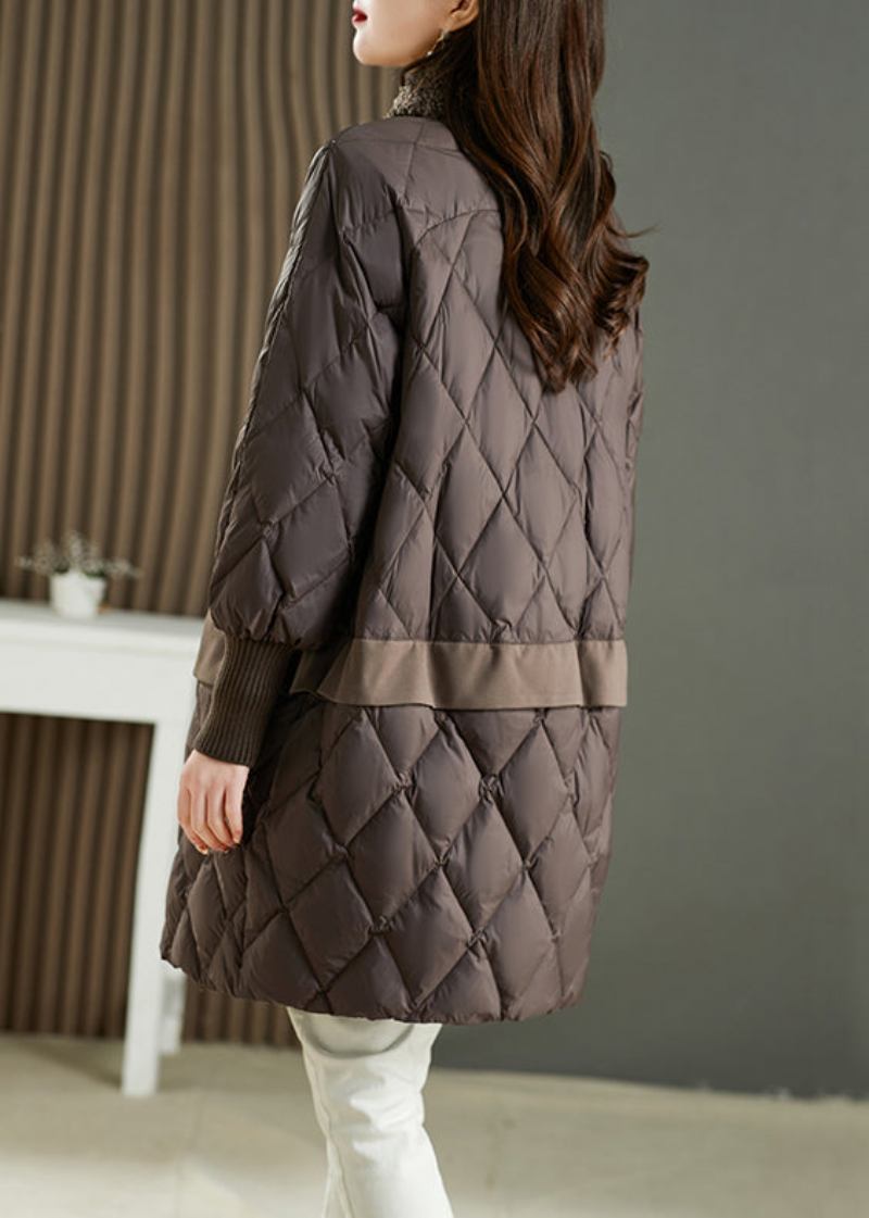 Kaffeeknopf Patchwork Entendaunen Parka V-ausschnitt Langarm - Damen-Daunenjacken