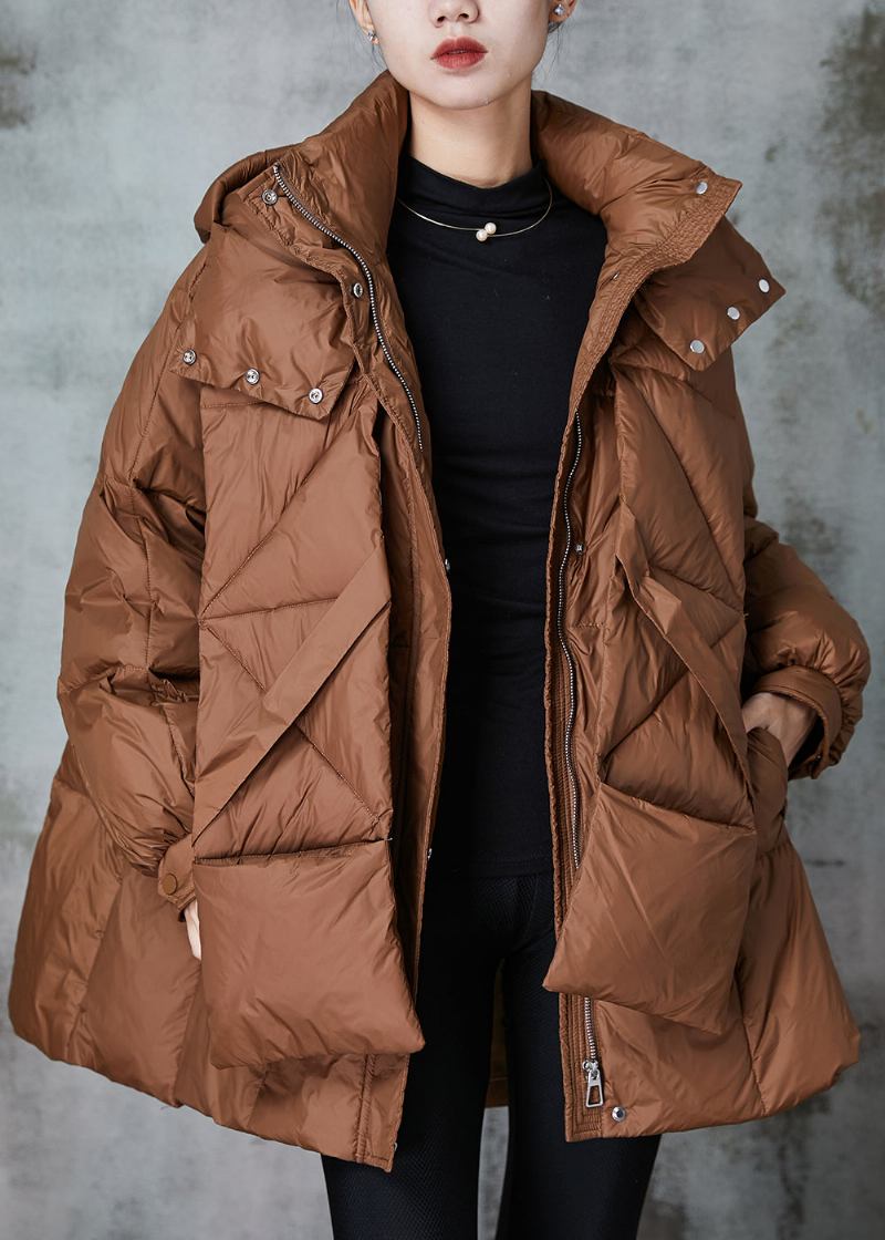 Karamellfarbene Feine Baumwoll-fülljacke Mit Übergroßen Taschen Für Den Winter - Damen-Daunenjacken