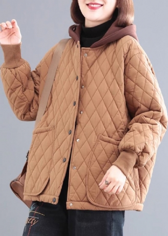 Khaki Patchwork Feine Baumwolle Gefüllt Parka Mit Kapuze Taschen Winter