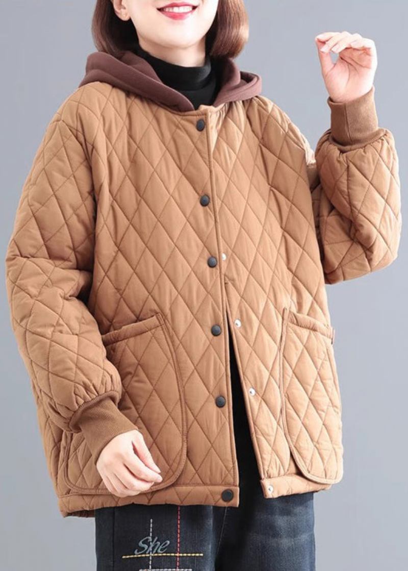 Khaki Patchwork Feine Baumwolle Gefüllt Parka Mit Kapuze Taschen Winter - Damen-Daunenjacken