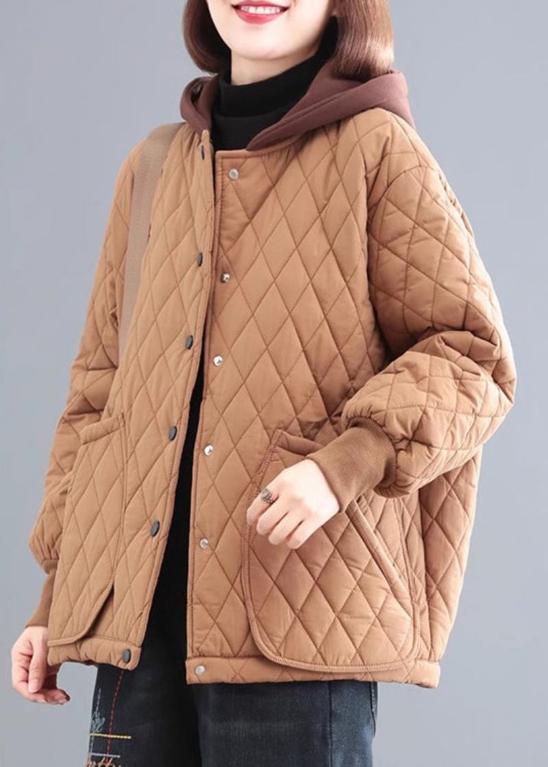 Khaki Patchwork Feine Baumwolle Gefüllt Parka Mit Kapuze Taschen Winter - Damen-Daunenjacken