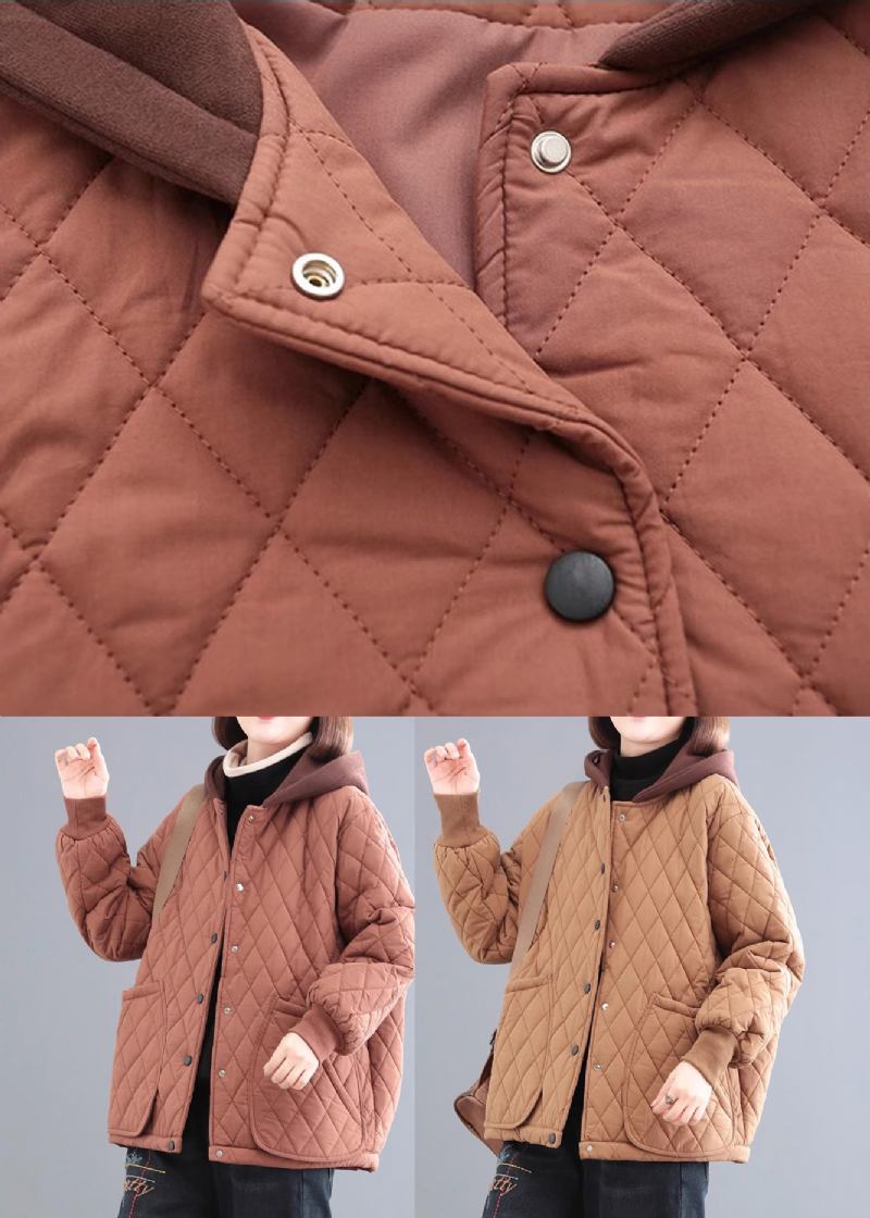 Khaki Patchwork Feine Baumwolle Gefüllt Parka Mit Kapuze Taschen Winter - Damen-Daunenjacken