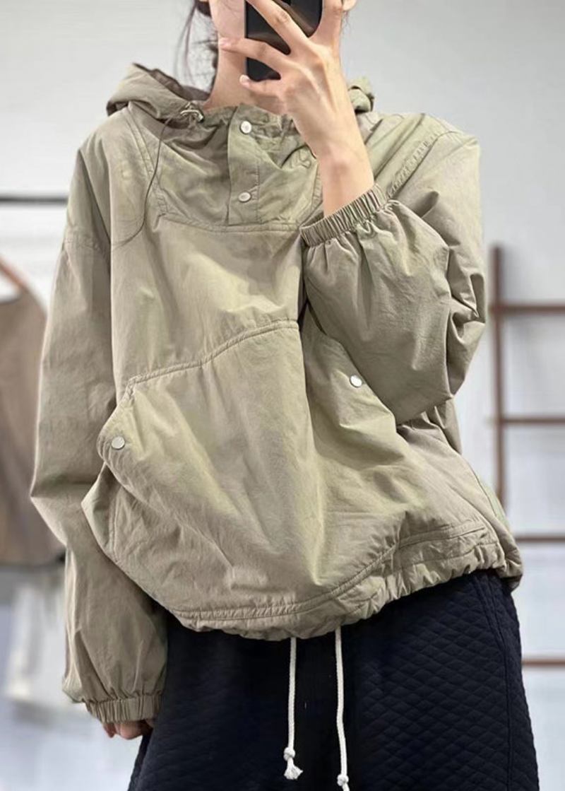 Khaki Patchwork Lose Feine Baumwolle Gefüllt Top Mit Kapuze