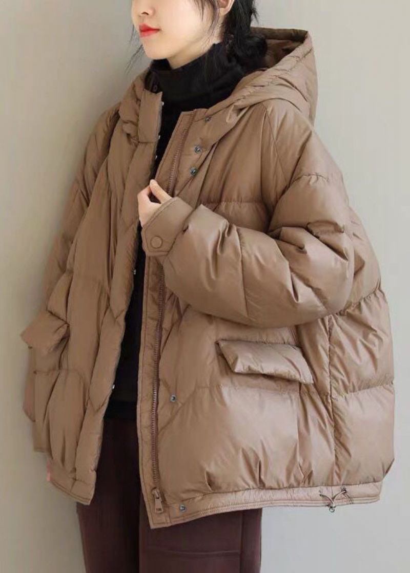 Khakifarbene Einfarbige Pufferjacke Aus Entendaunen Mit Kapuze Und Taschen Für Den Winter