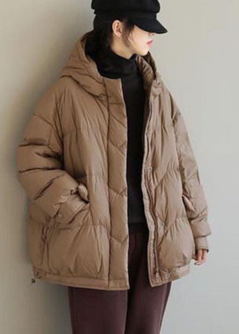 Khakifarbene Einfarbige Pufferjacke Aus Entendaunen Mit Kapuze Und Taschen Für Den Winter - Khaki