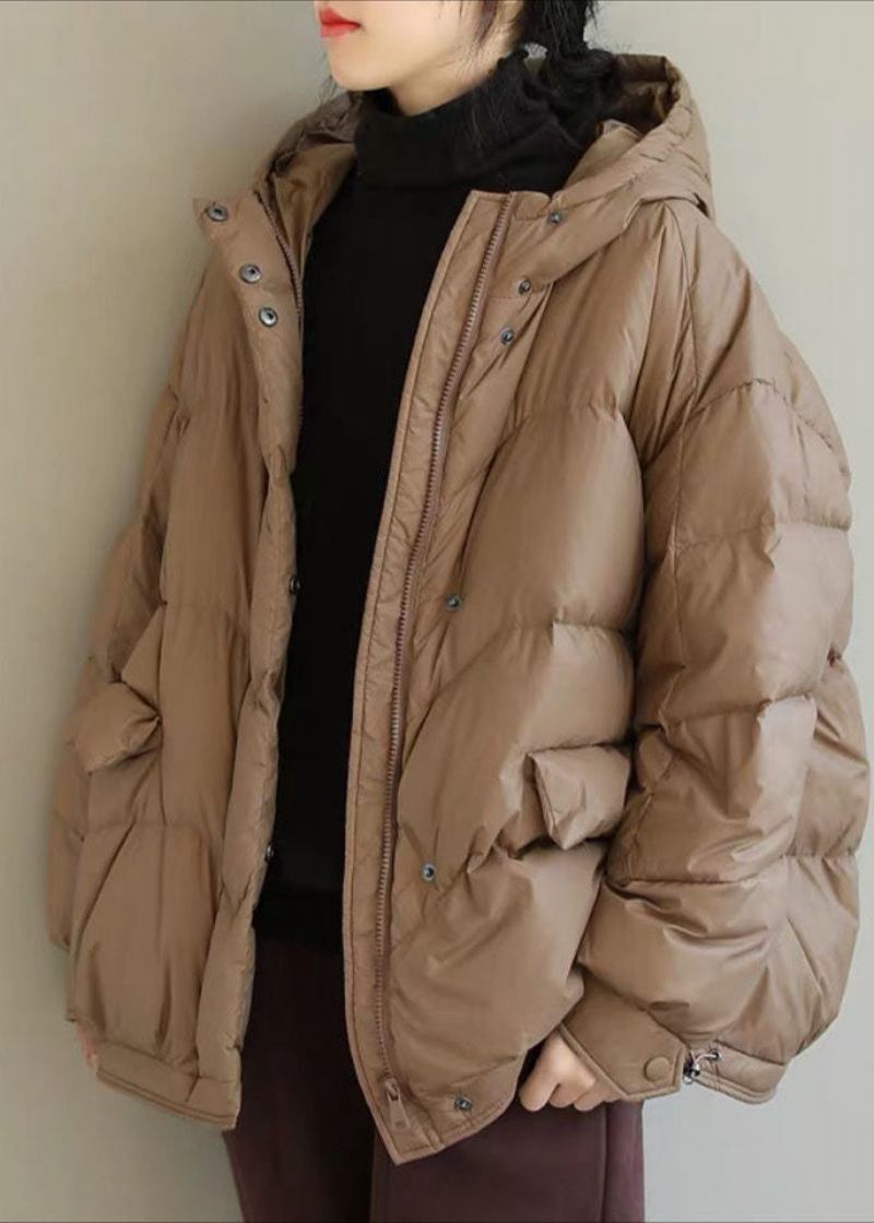 Khakifarbene Einfarbige Pufferjacke Aus Entendaunen Mit Kapuze Und Taschen Für Den Winter - Khaki