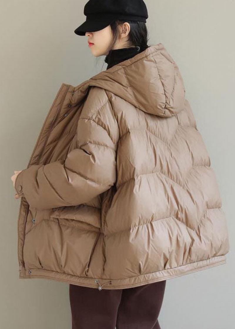 Khakifarbene Einfarbige Pufferjacke Aus Entendaunen Mit Kapuze Und Taschen Für Den Winter - Khaki