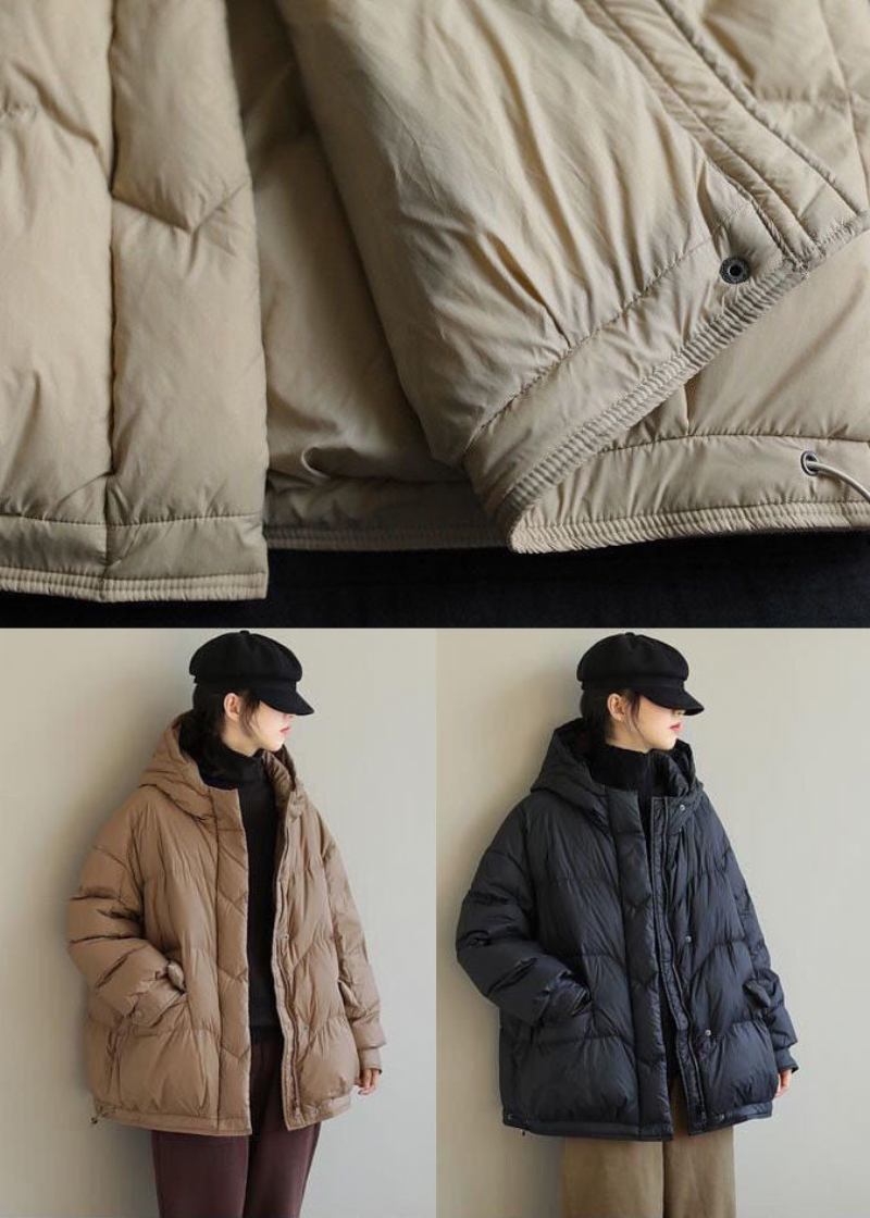 Khakifarbene Einfarbige Pufferjacke Aus Entendaunen Mit Kapuze Und Taschen Für Den Winter - Khaki