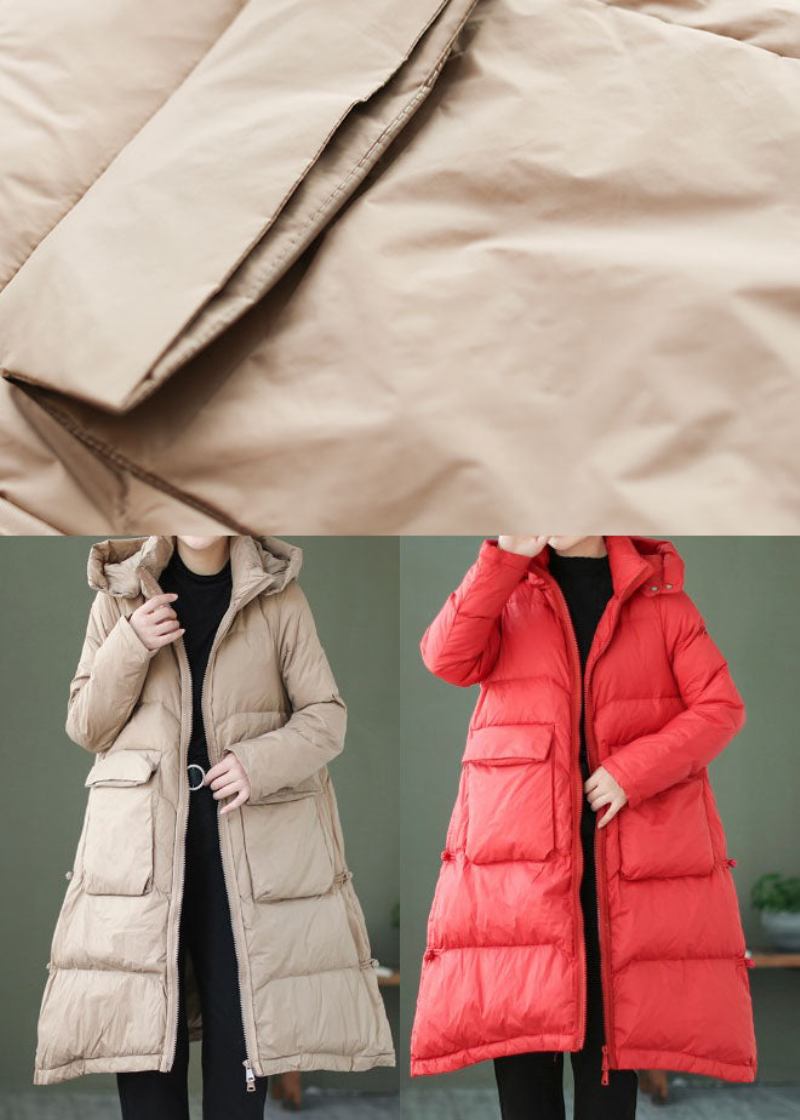 Khakifarbene Lässige Winterjacke Mit Entendaunen Und Kapuze - Rot