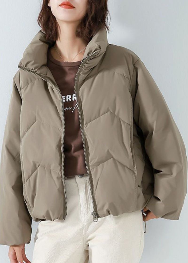 Khakifarbene Pufferjacke Mit Entendaunen Stehkragen Reißverschluss Kordelzug Lange Ärmel - Khaki