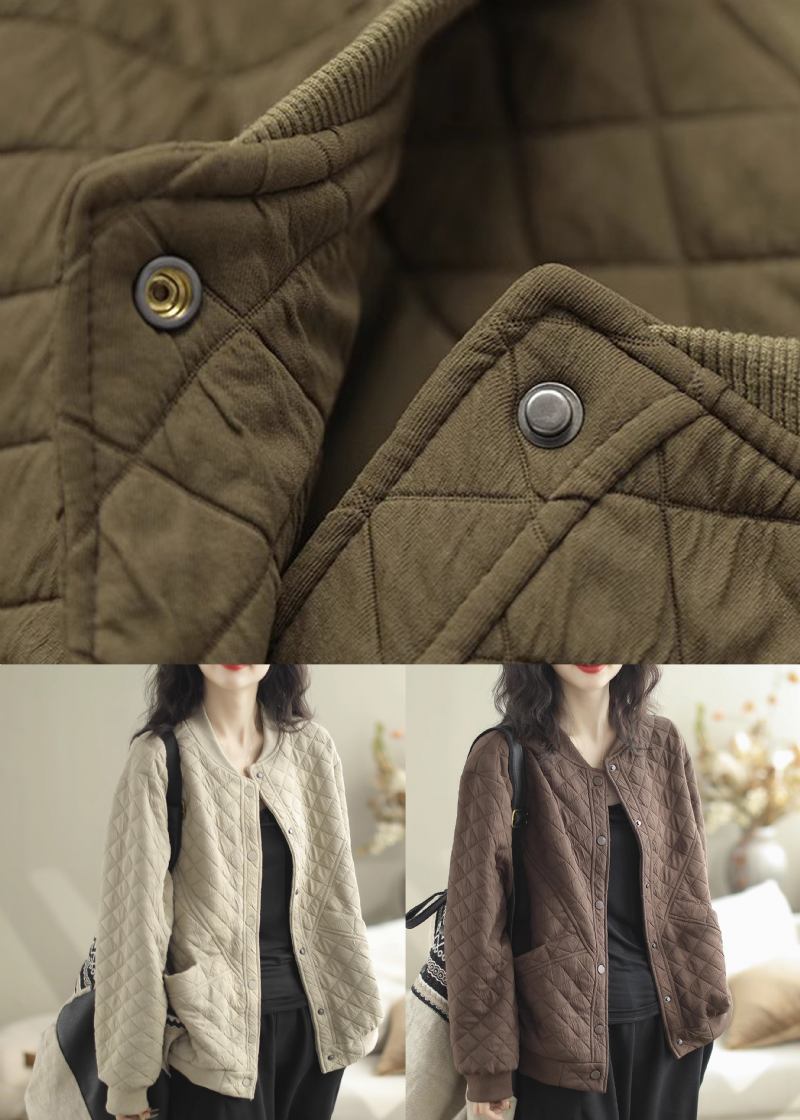 Lässige Beige Stehkragen Taschen Feine Baumwolle Gefüllte Jacke Winter - Damen-Daunenjacken