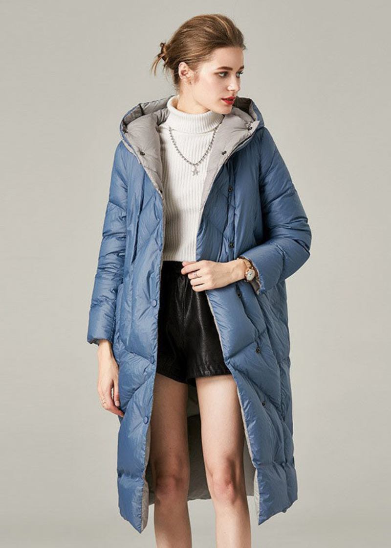 Lässige Blaue Daunenjacke Mit Kapuze Und Taschen Für Den Winter