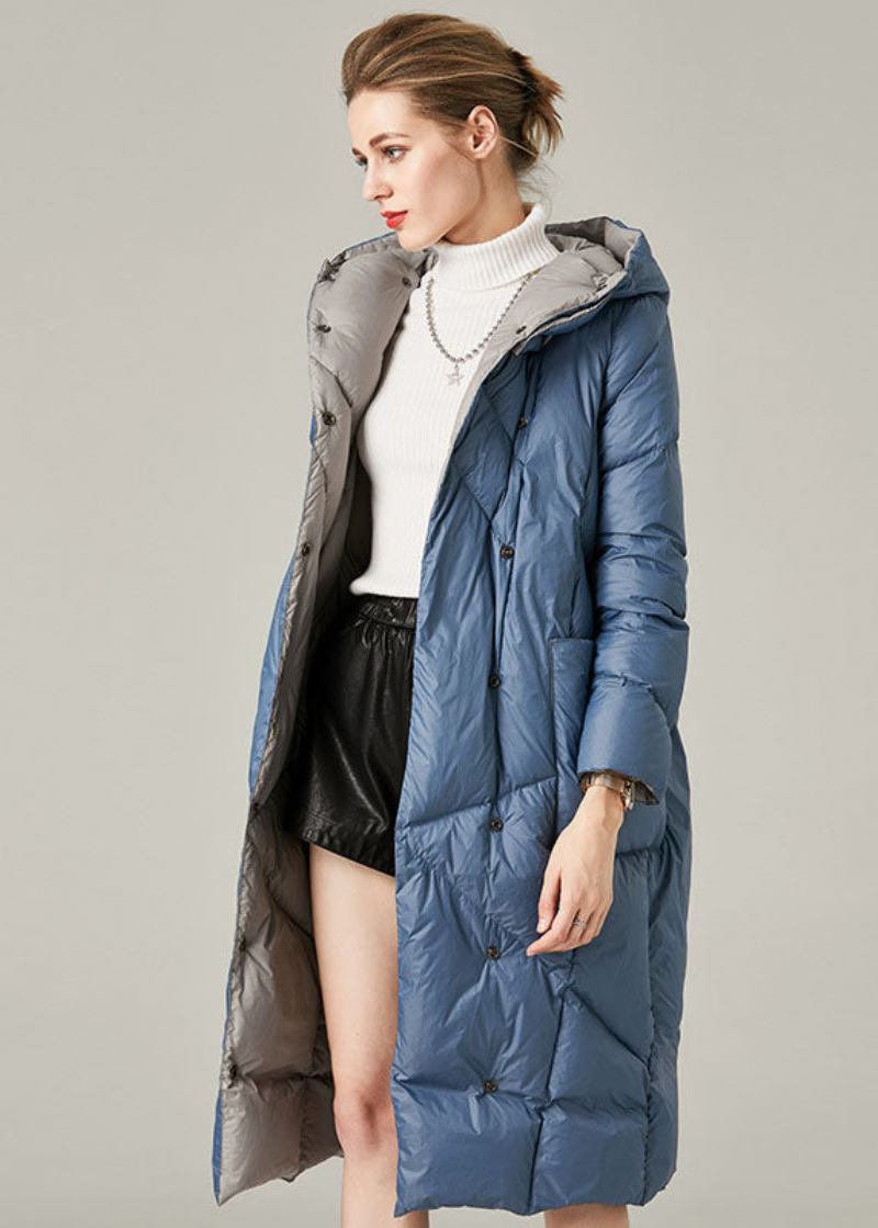 Lässige Blaue Daunenjacke Mit Kapuze Und Taschen Für Den Winter - Blau