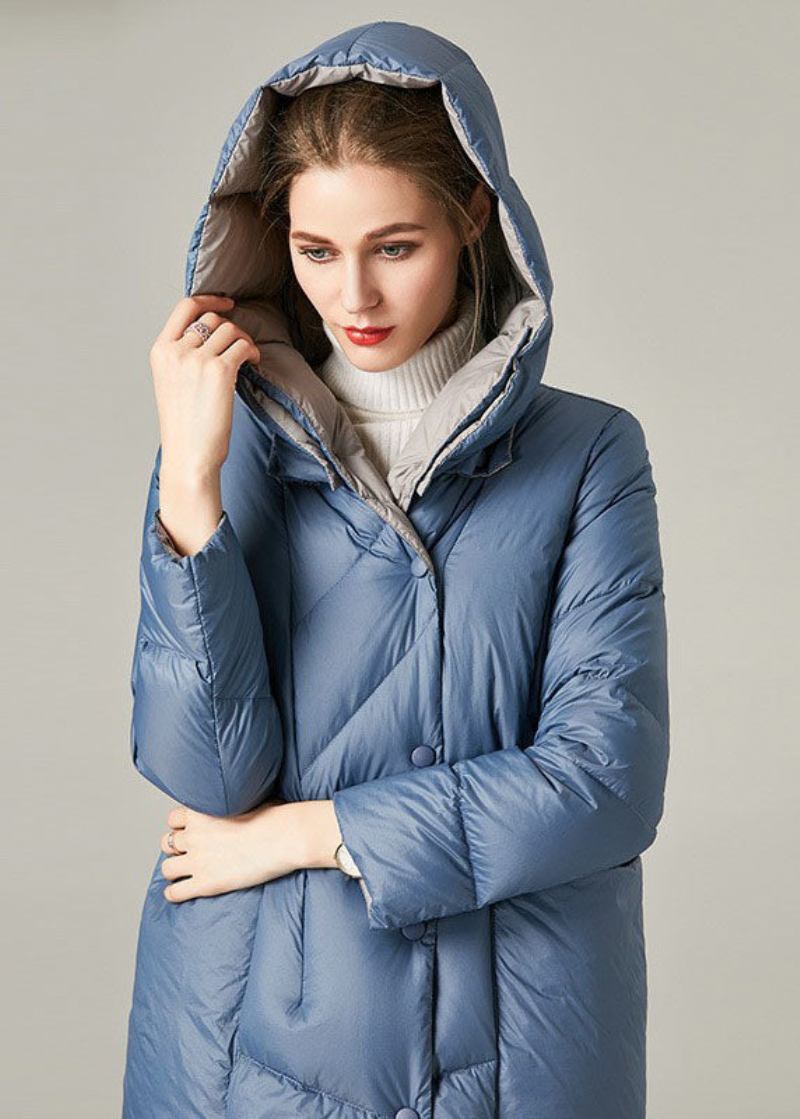 Lässige Blaue Daunenjacke Mit Kapuze Und Taschen Für Den Winter - Blau