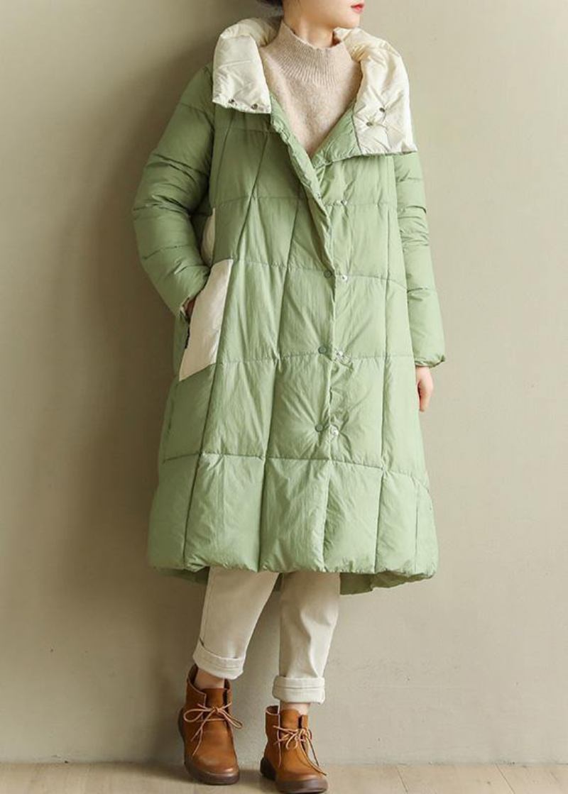 Lässige Grüne Daunenjacke Für Damen Übergröße Patchwork Stehkragen Feine Winteroberbekleidung