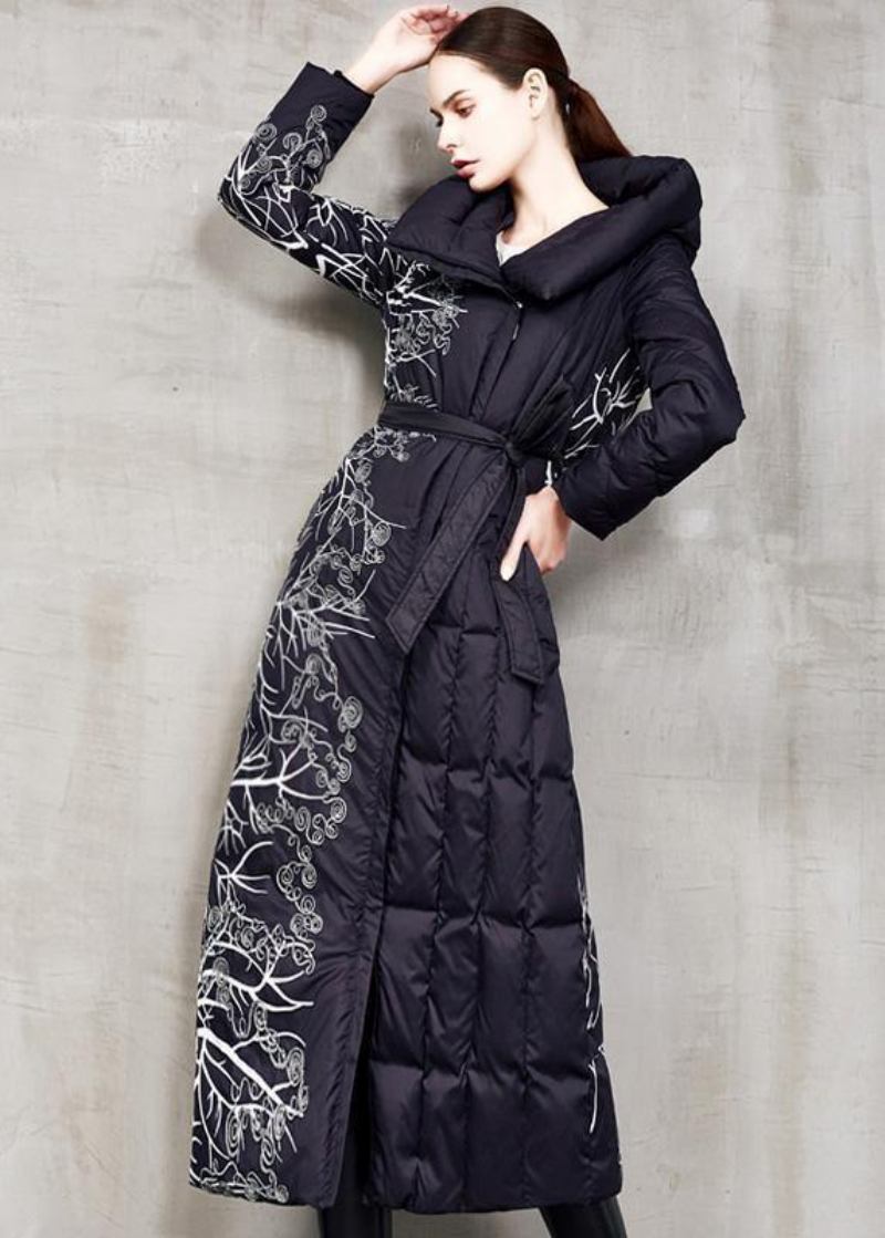 Lässige Schwarze Daunenjacke Mit Aufdruck Für Damen Übergroße Winterjacke Mit Kapuze Und Bindegürtel In Der Taille Neue Winteroberbekleidung