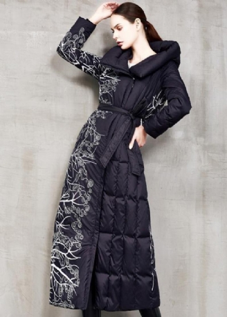 Lässige Schwarze Daunenjacke Mit Aufdruck Für Damen Übergroße Winterjacke Mit Kapuze Und Bindegürtel In Der Taille Neue Winteroberbekleidung