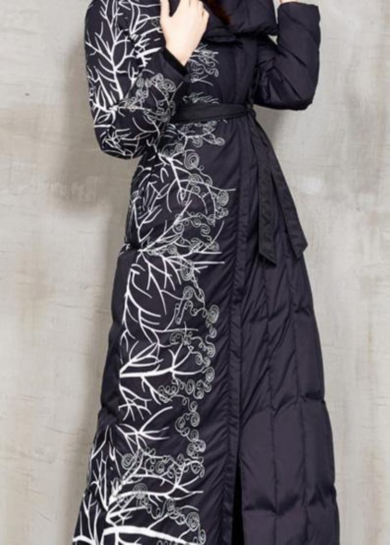 Lässige Schwarze Daunenjacke Mit Aufdruck Für Damen Übergroße Winterjacke Mit Kapuze Und Bindegürtel In Der Taille Neue Winteroberbekleidung - Damen-Daunenjacken