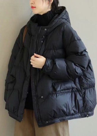 Lässige Schwarze Pufferjacke Aus Entendaunen Mit Kapuze Und Kordelzug Für Den Winter