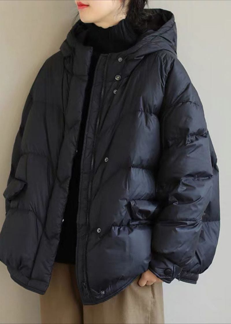 Lässige Schwarze Pufferjacke Aus Entendaunen Mit Kapuze Und Kordelzug Für Den Winter - Schwarz