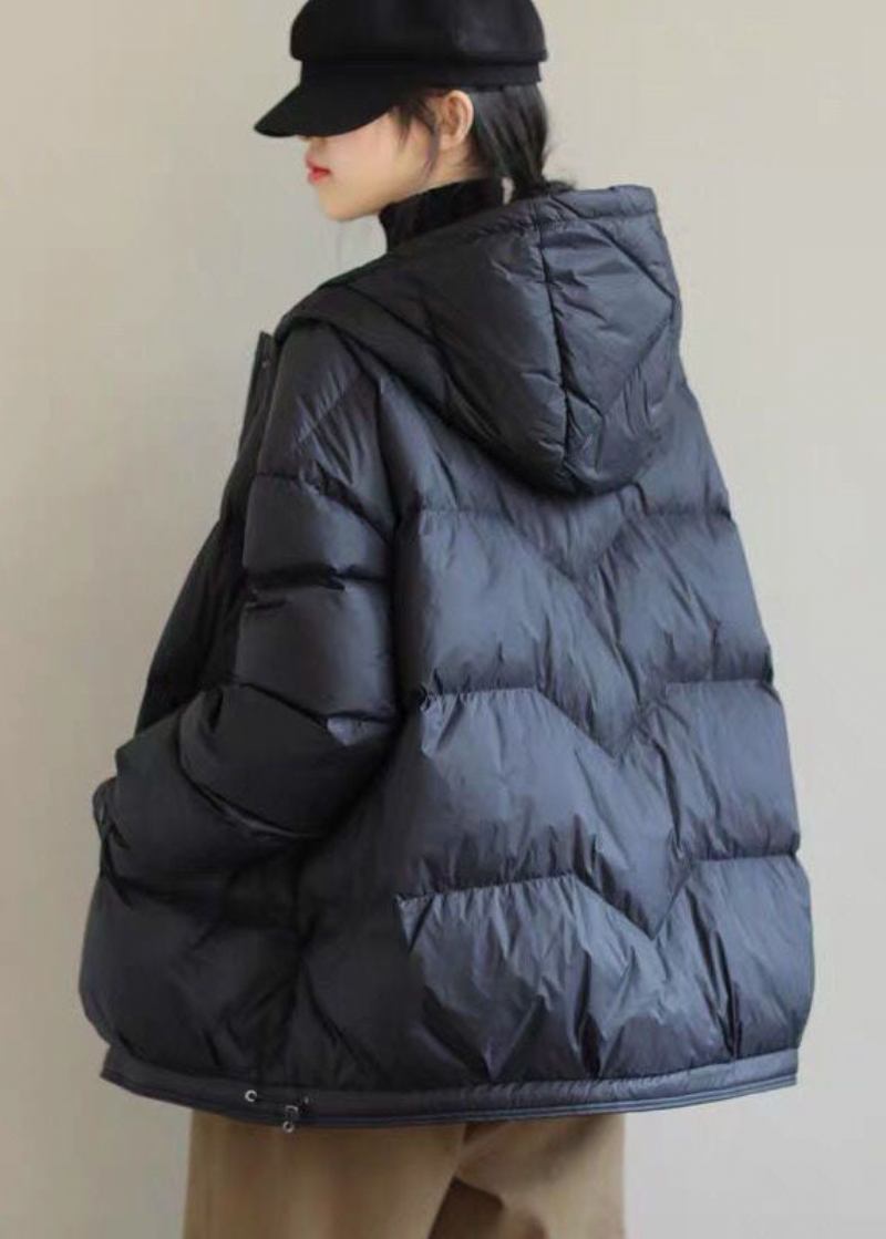 Lässige Schwarze Pufferjacke Aus Entendaunen Mit Kapuze Und Kordelzug Für Den Winter - Schwarz