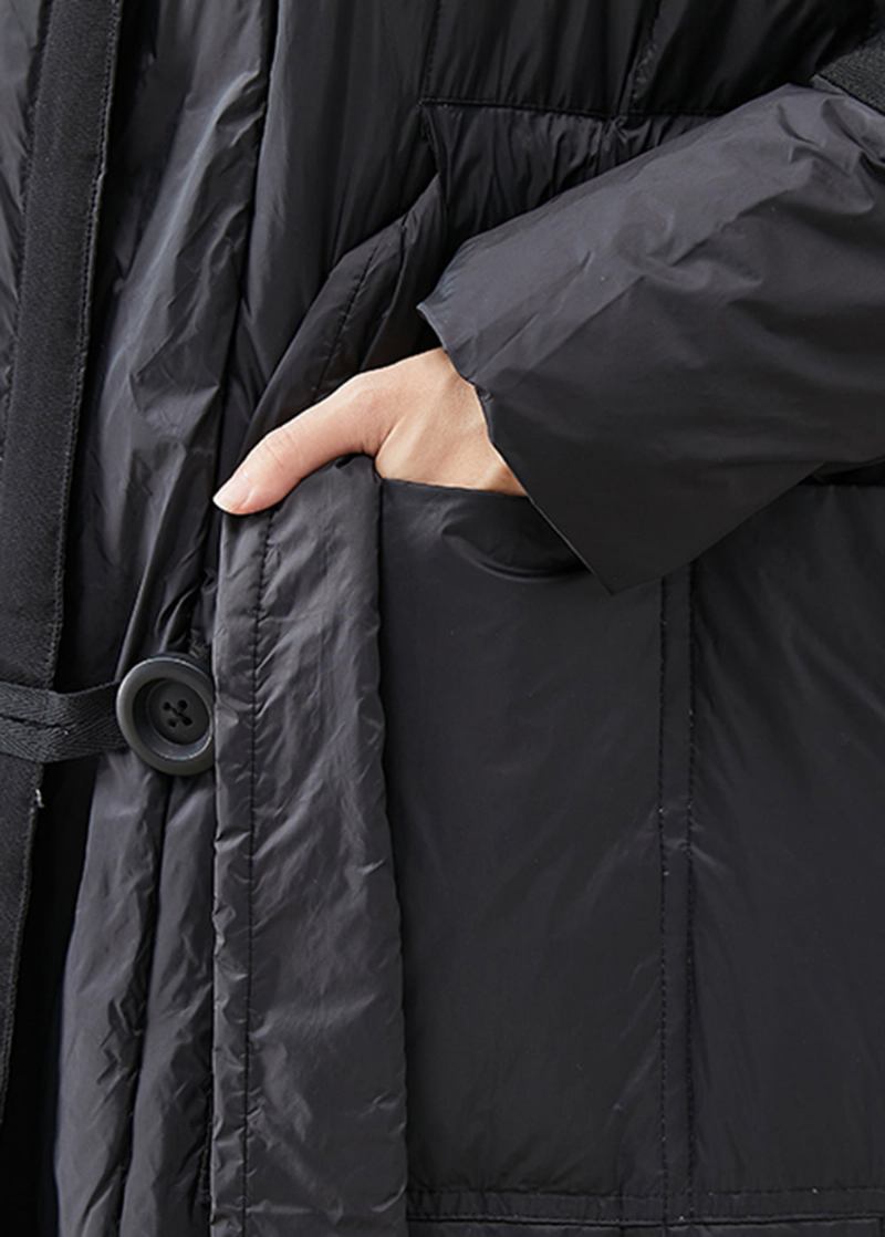 Lässige Schwarze Übergroße Entendaunenjacke Mit Taillenschnürung Für Den Winter - Damen-Daunenjacken