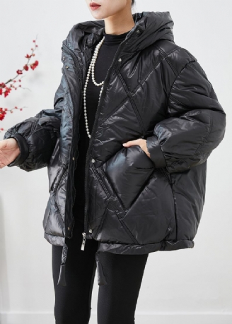 Lässige Schwarze Übergroße Winterjacke Mit Kordelzug Und Feiner Baumwolle Für Den Winter