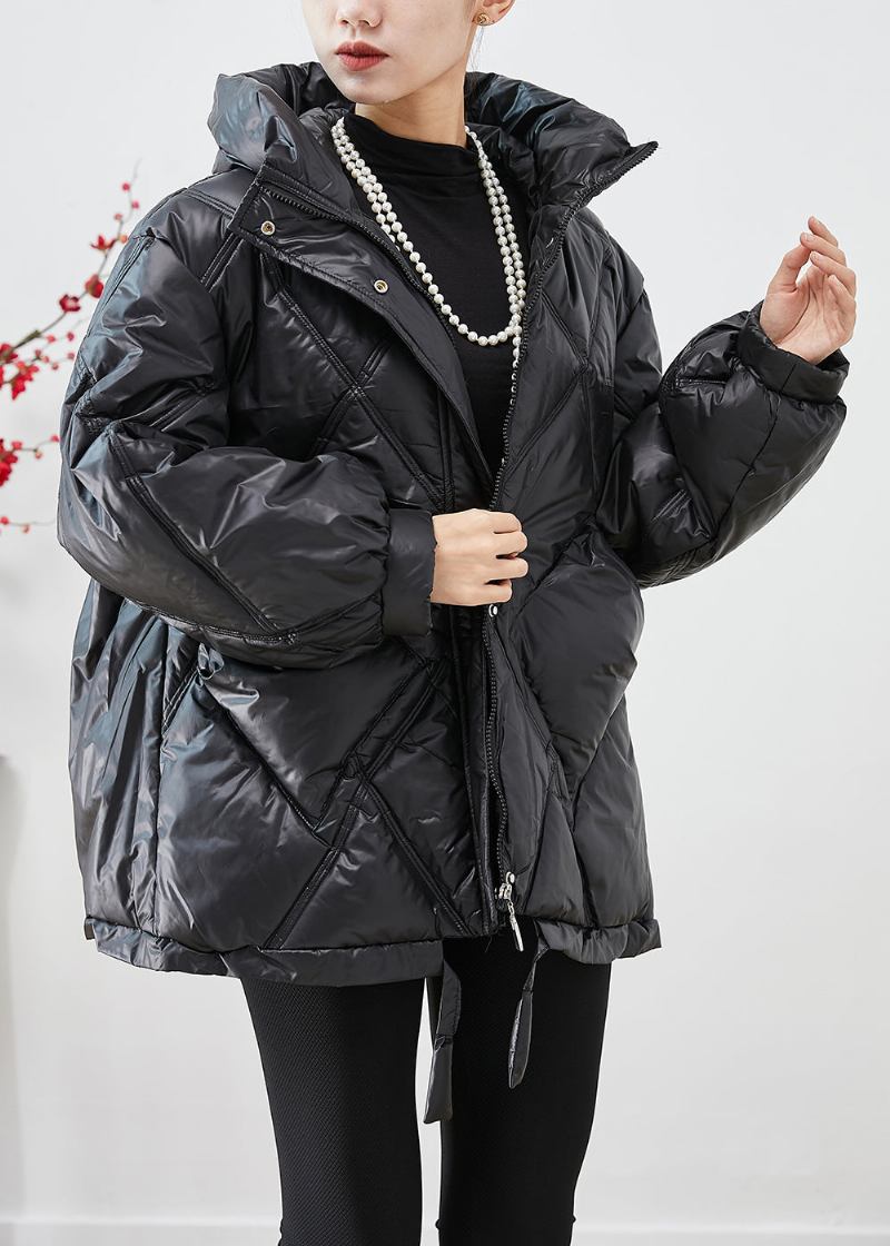 Lässige Schwarze Übergroße Winterjacke Mit Kordelzug Und Feiner Baumwolle Für Den Winter - Damen-Daunenjacken