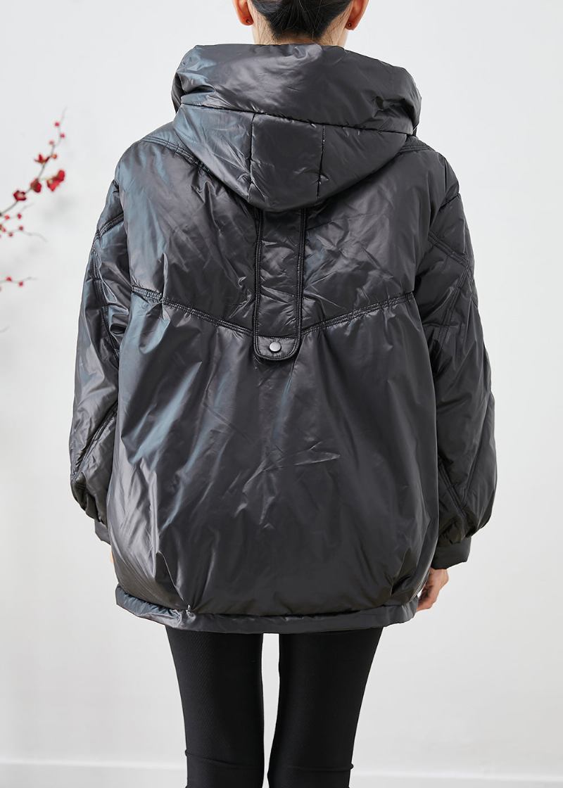 Lässige Schwarze Übergroße Winterjacke Mit Kordelzug Und Feiner Baumwolle Für Den Winter - Damen-Daunenjacken