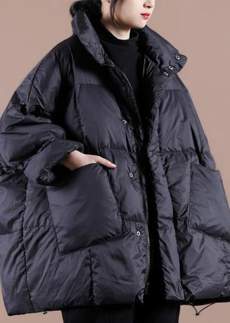 Lässige Übergrößen-kleidung Parka-jacken Für Damen Schwarzer Stehkragen Große Taschen Daunenmantel Für Den Winter - schwarz