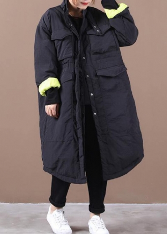 Lässiger Locker Sitzender Parka Für Damen Mit Taschen Schwarzer Stehkragen Asymmetrischer Warmer Mantel