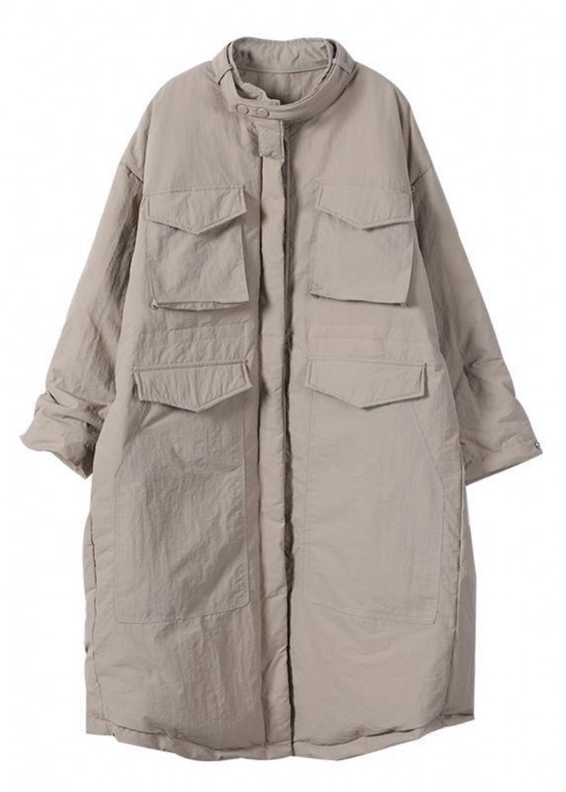 Lässiger Locker Sitzender Parka Für Damen Mit Taschen Schwarzer Stehkragen Asymmetrischer Warmer Mantel - khaki