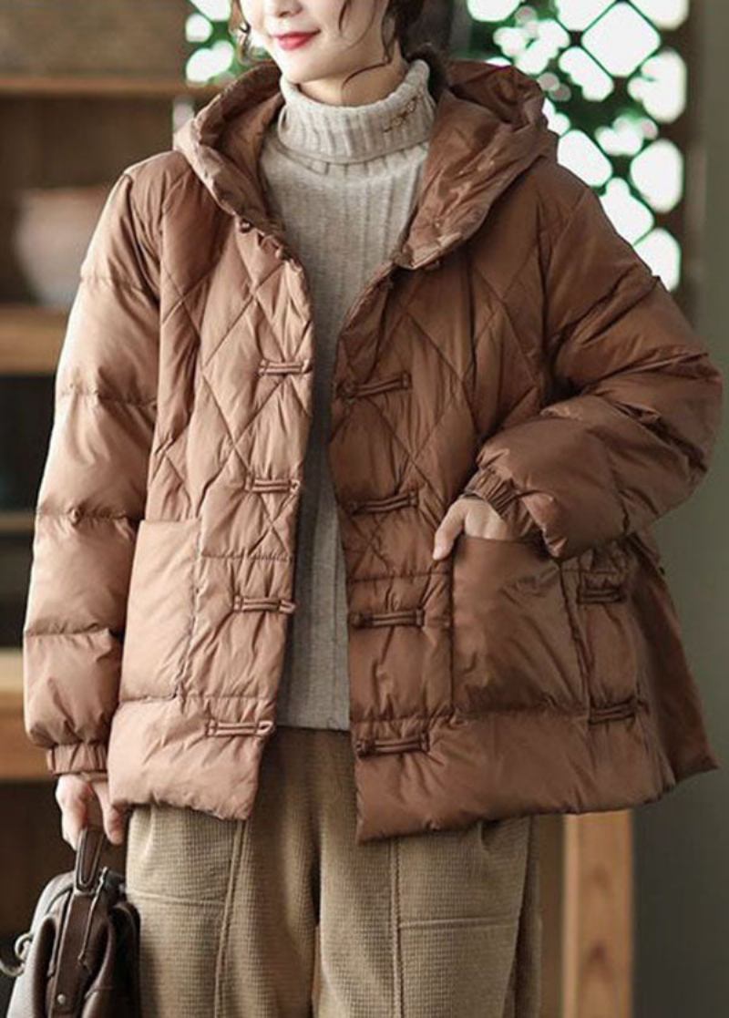 Lässiger Schokoladenbrauner Parka Mit Kapuze Und Taschen Aus Feiner Baumwollfüllung Für Den Winter - Damen-Daunenjacken