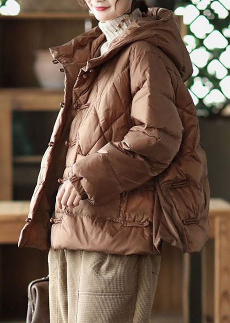 Lässiger Schokoladenbrauner Parka Mit Kapuze Und Taschen Aus Feiner Baumwollfüllung Für Den Winter - Damen-Daunenjacken