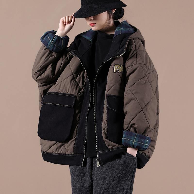 Lässiger Warmer Wintermantel In Übergröße Schokoladenbraune Parkas Mit Kapuze Und Patchwork-karomuster Für Damen