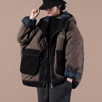 Lässiger Warmer Wintermantel In Übergröße Schokoladenbraune Parkas Mit Kapuze Und Patchwork-karomuster Für Damen