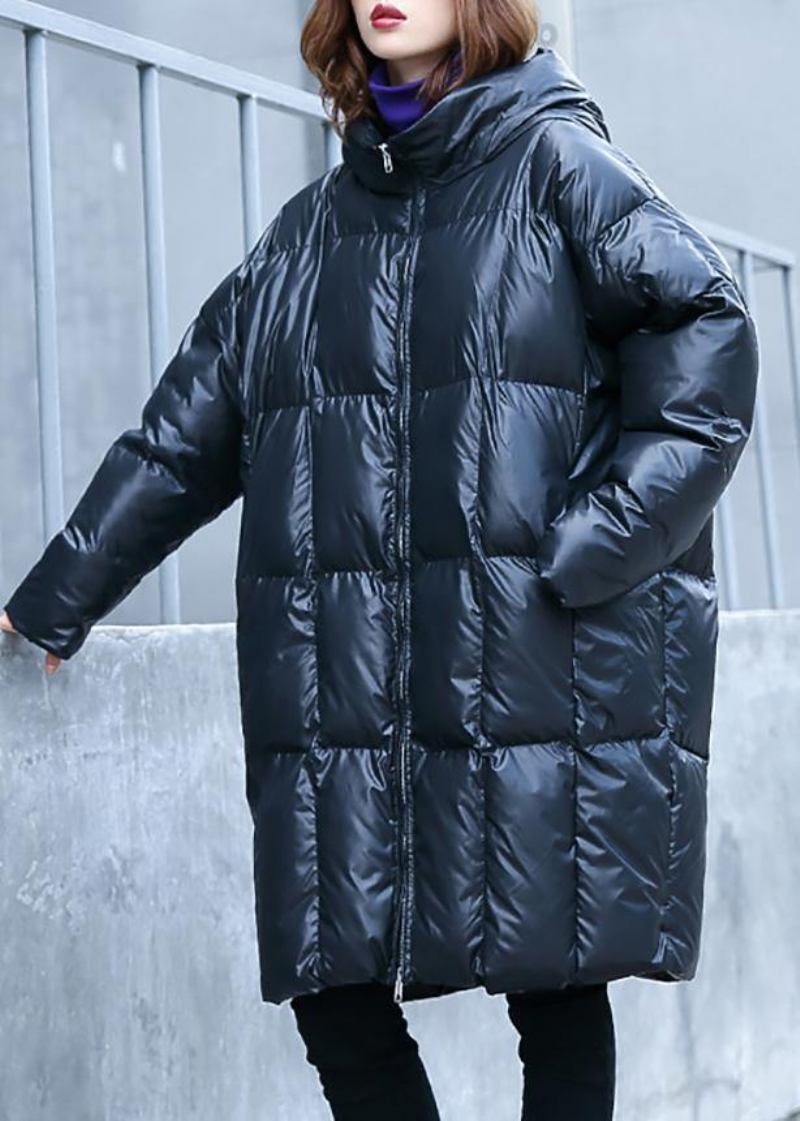 Lässiger Warmer Wintermantel In Übergröße Übermantel Schwarze Parkas Mit Kapuze Und Reißverschluss - schwarz