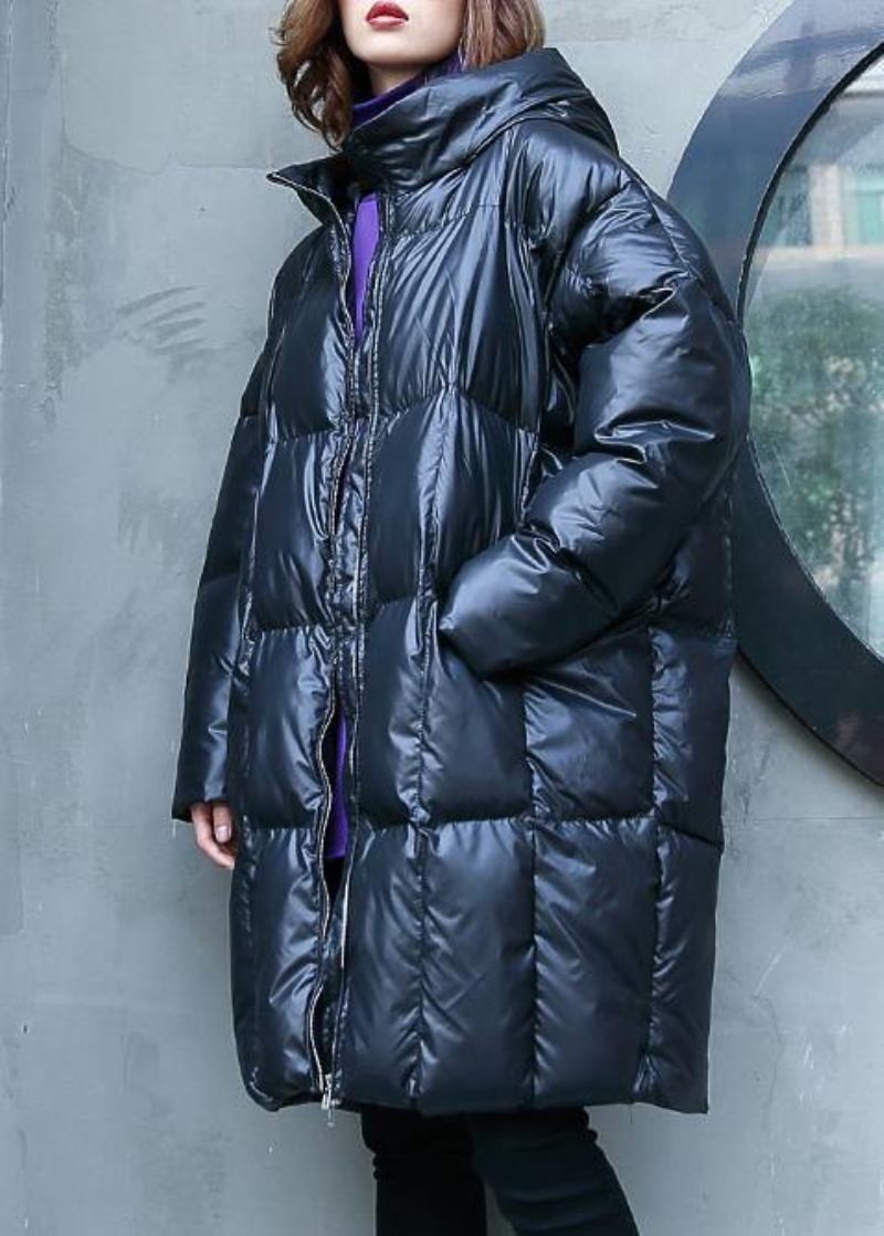 Lässiger Warmer Wintermantel In Übergröße Übermantel Schwarze Parkas Mit Kapuze Und Reißverschluss - schwarz