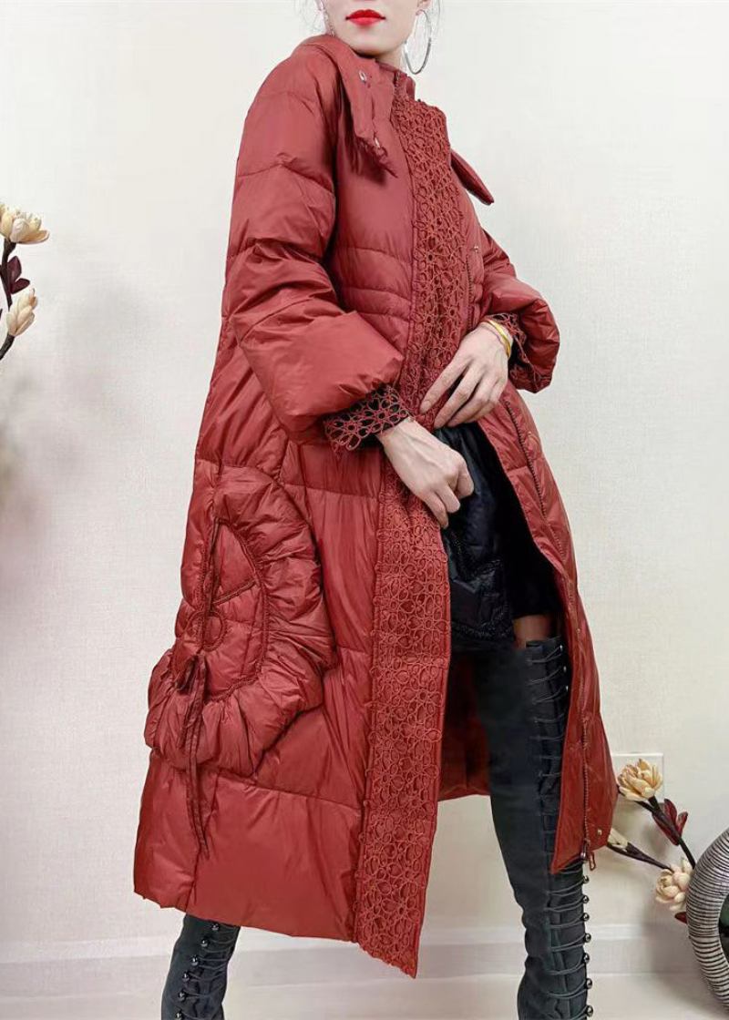 Langer Wintermantel Mit Französischer Rose Und Reißverschluss Aus Spitze Im Patchwork-stil - Damen-Daunenjacken