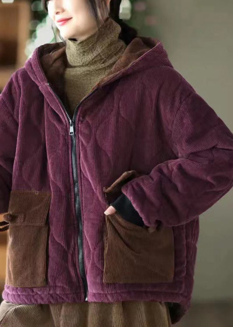 Lila Winterjacke Aus Cord Mit Kapuze Und Taschen Fleece Und Wollfutter