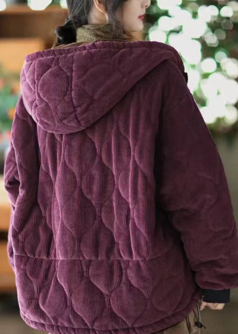 Lila Winterjacke Aus Cord Mit Kapuze Und Taschen Fleece Und Wollfutter - Damen-Daunenjacken